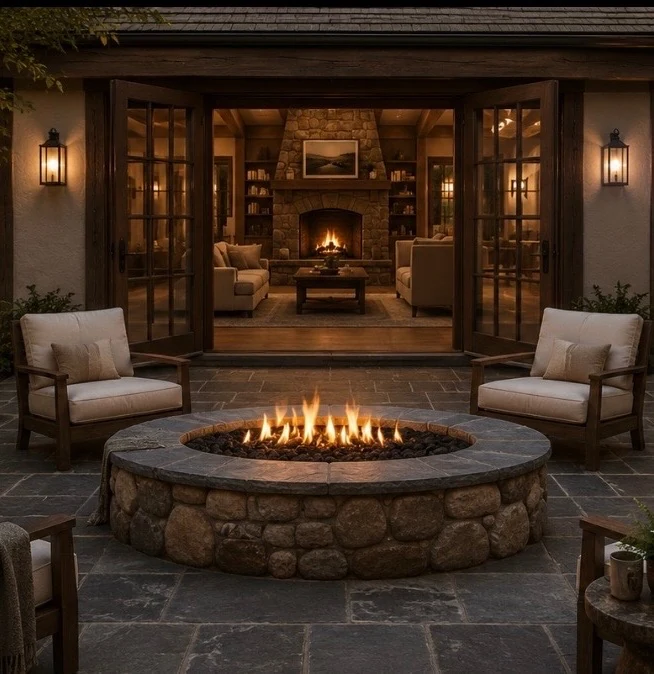 Outdoor living design study with stone fire pit, lanterns and warm gathering space