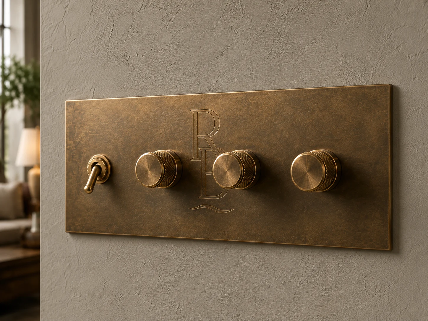 Custom aged brass switch plate design study with rotary dimmers and toggle